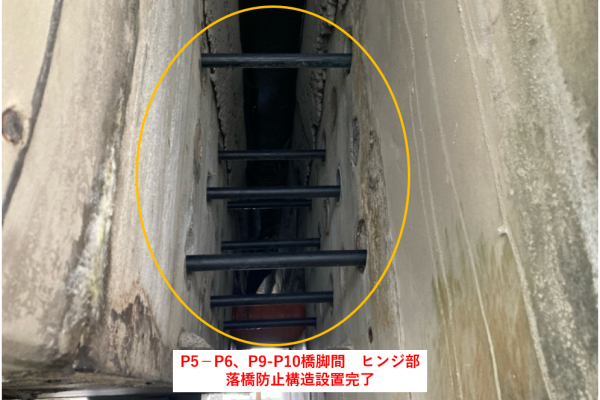 ヒンジ部の落橋防止構造設置完了（外側より）